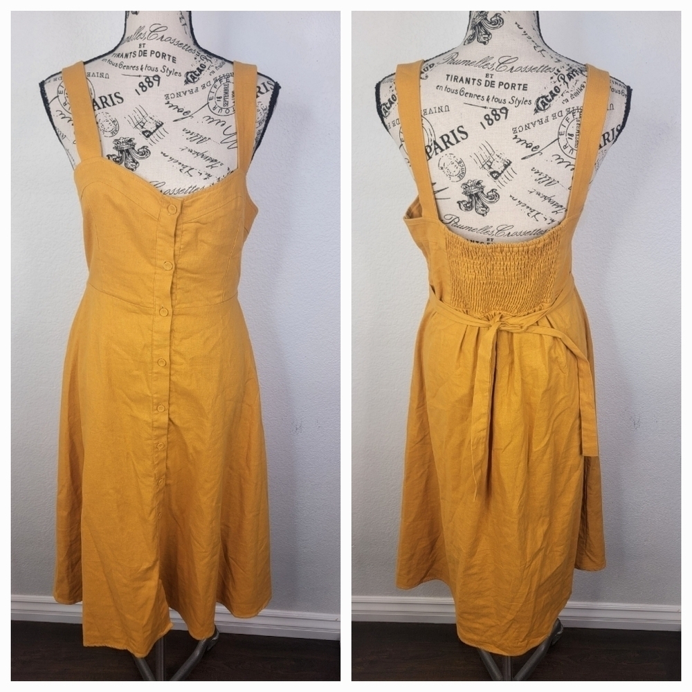 Love +Harmony Dress Small Button Up Smocked Back Linen Lagenlook Coastal Peasant